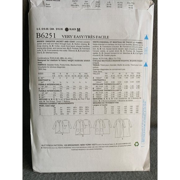 Butterick Misses Jacket Coat Sewing Pattern Sz L-XXL B6251 - Uncut - Picture 3 of 4